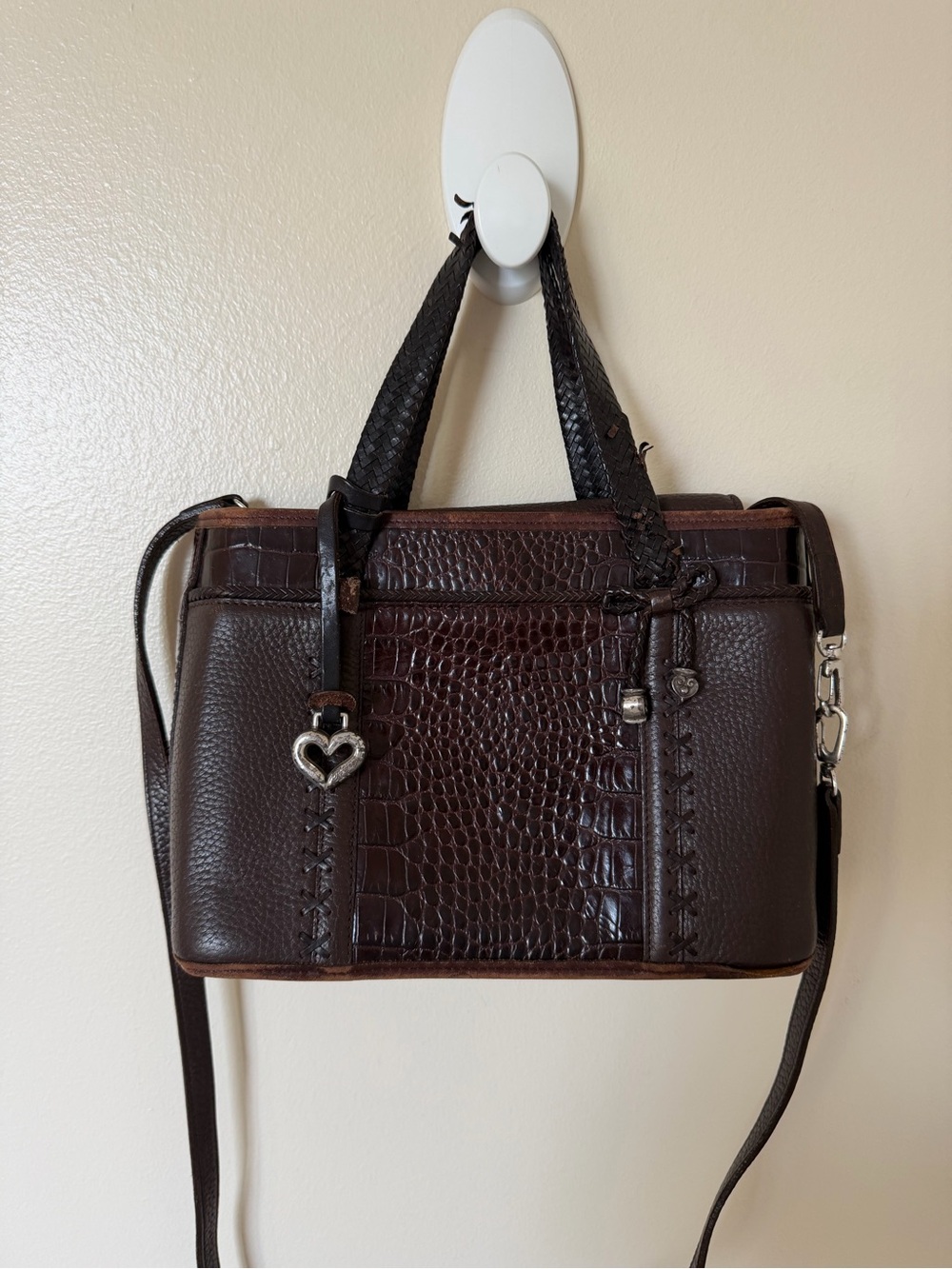 BRIGHTON Chocolate Embossed Mock Croc + Pebbled Black Leather Handbag Retired